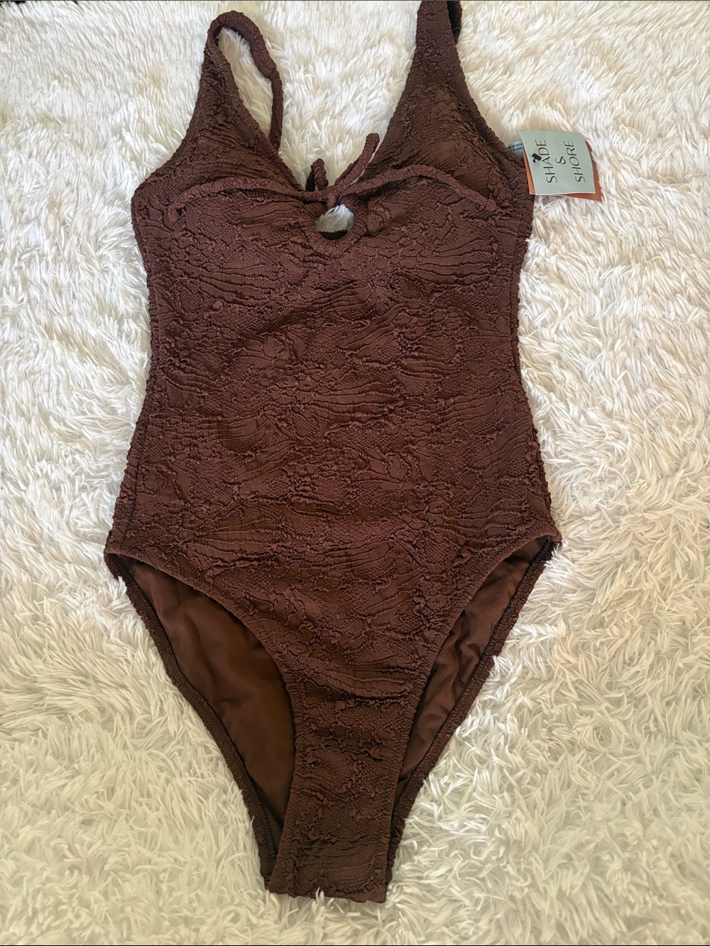 NWT Shade & Shore Brown Textured Keyhole Tie Front High Leg Cheeky Swimsuit S
